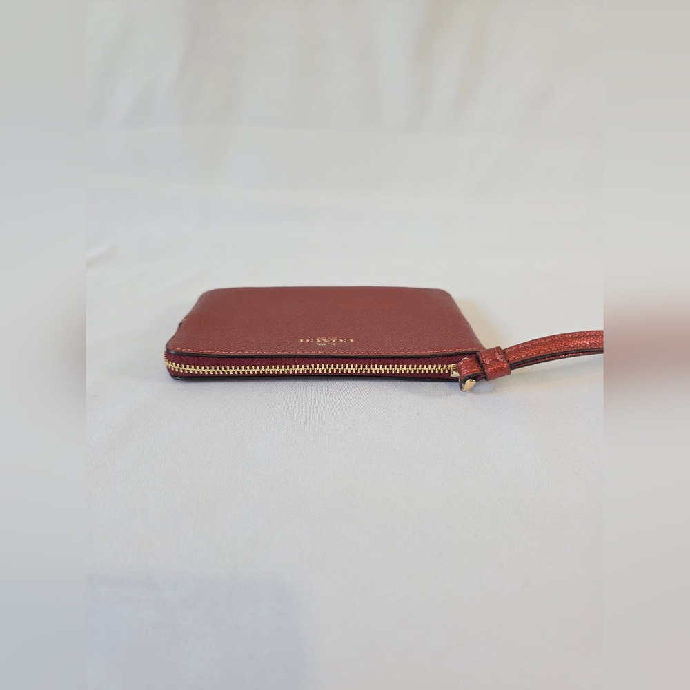 Coach Leather Wristlet Corner Zip Metallic Red Cherry Maroon Rust Wallet Clutch - Picture 4 of 10